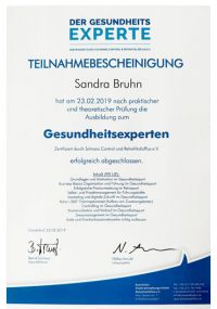Urkunde Sandra Bruhn Gesundheitsexperte